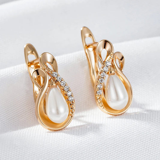 585 Rose Gold Color Drop Shape Pearl Zircon Hoop Earrings