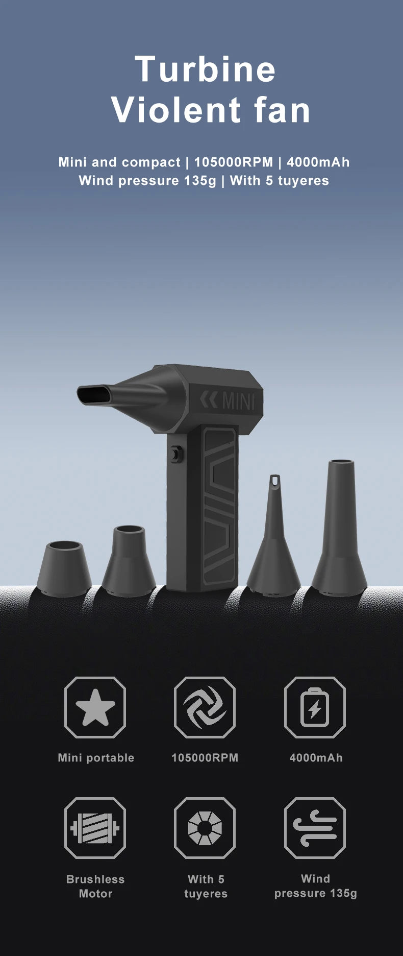 New 200000RPM Violent Fan Powerful Air Blower Vacuum Dust Cleaner Type C Super Powe Wind 52m/s Brushless Turbo Jet Blower