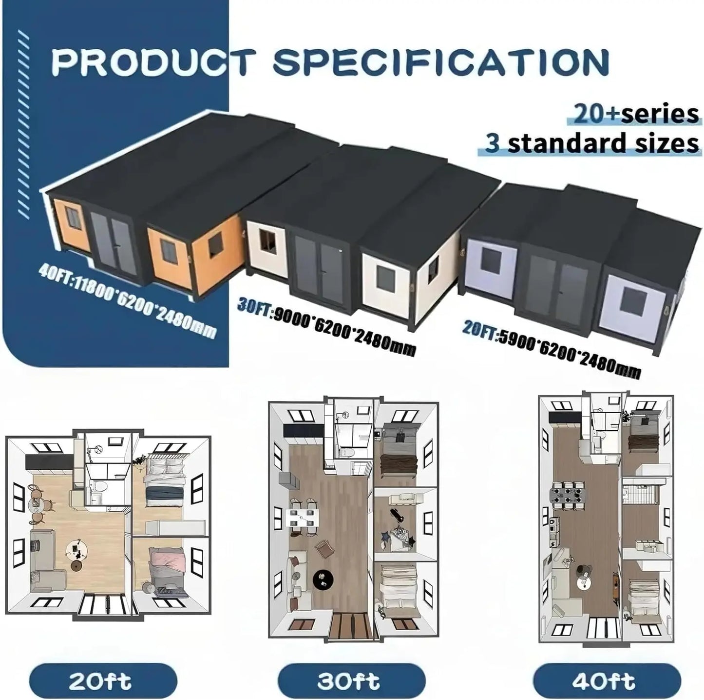 Luxury Expandable Tiny Home for Sale, Prefab Folding Container House 2 Bedroom 1 Living Room 1 Bathroom